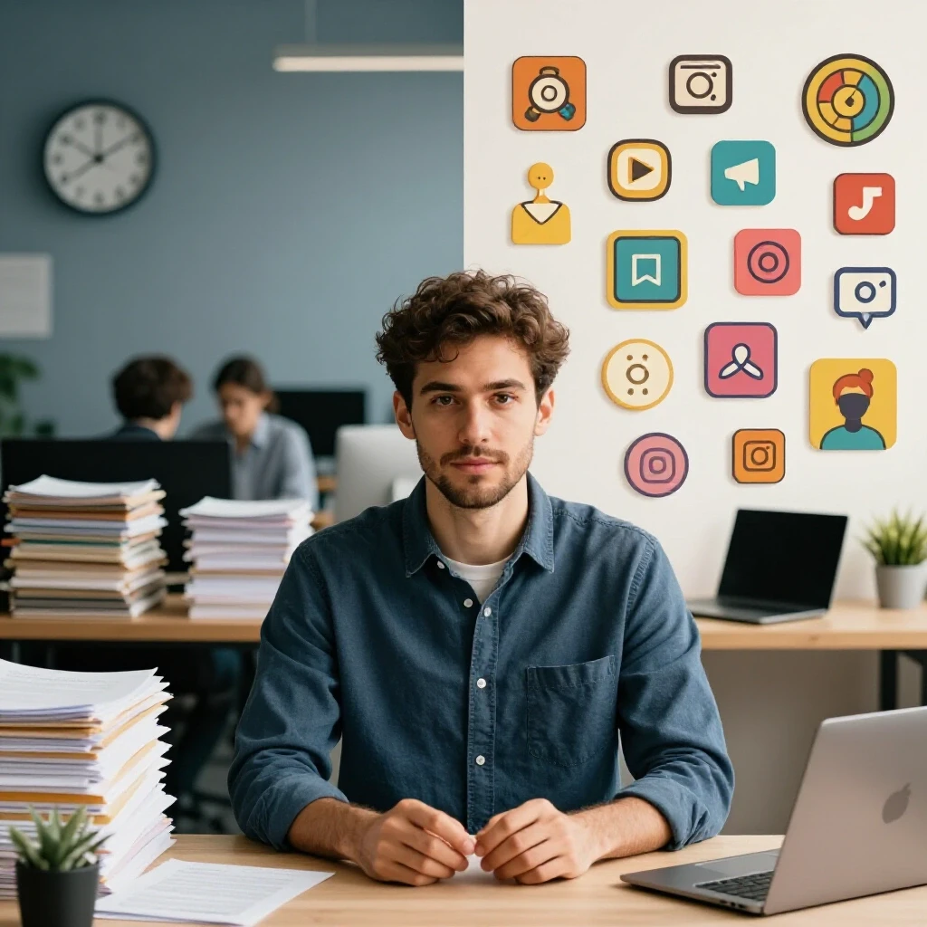 A split scene showing a busy office with paperwork contrasted with a vibrant personal branding workspace.