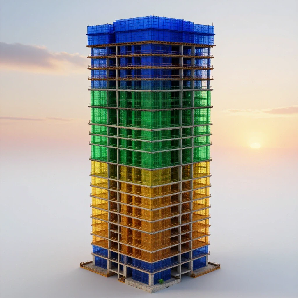 A colorful skyscraper under construction, illustrating brand development stages against a vibrant sunset backdrop.