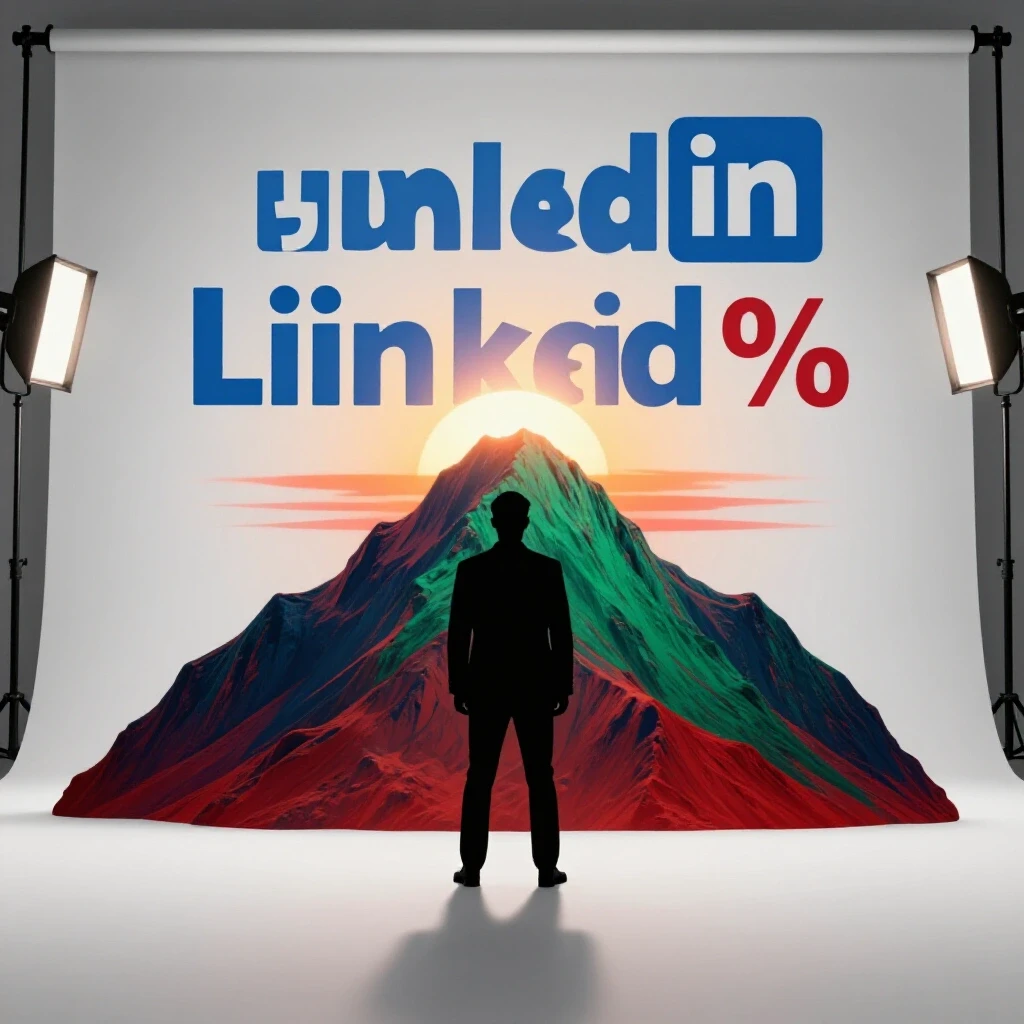 A silhouette of a professional at the base of a mountain at sunrise with a LinkedIn logo shining at the summit.