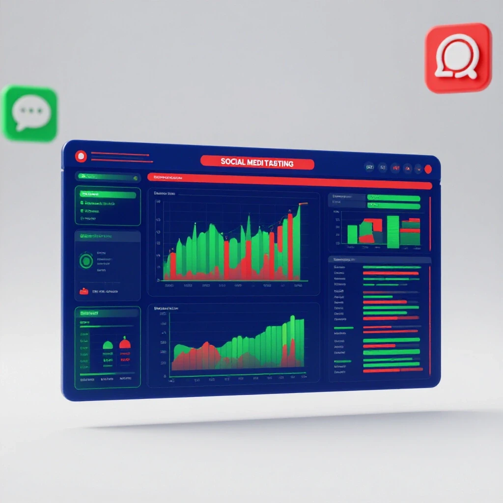 A vibrant social media testing dashboard showcasing colorful graphs and charts against a bright background.