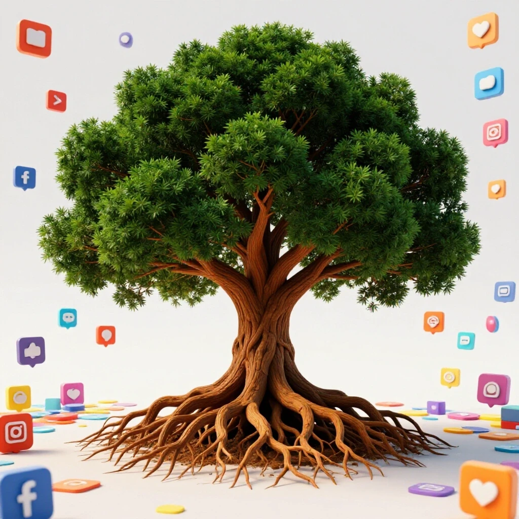 Vibrant tree with deep roots in a digital landscape of social media icons, symbolizing reputation building.