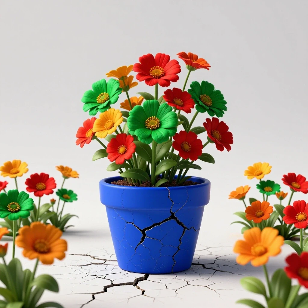 A vibrant cracked pot with colorful flowers blooming, symbolizing resilience and growth from past mistakes.