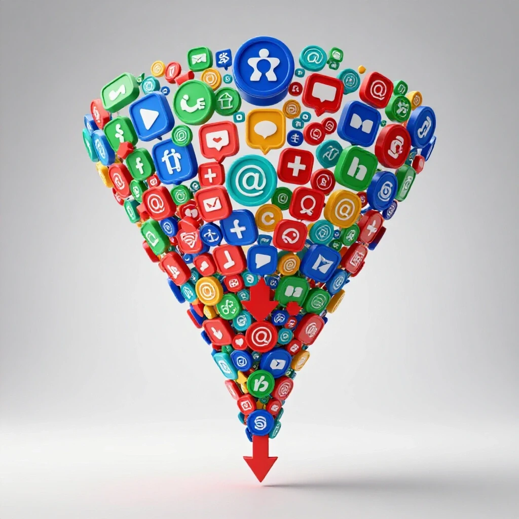 A colorful funnel representing social media engagement with icons and arrows in a bright studio backdrop.