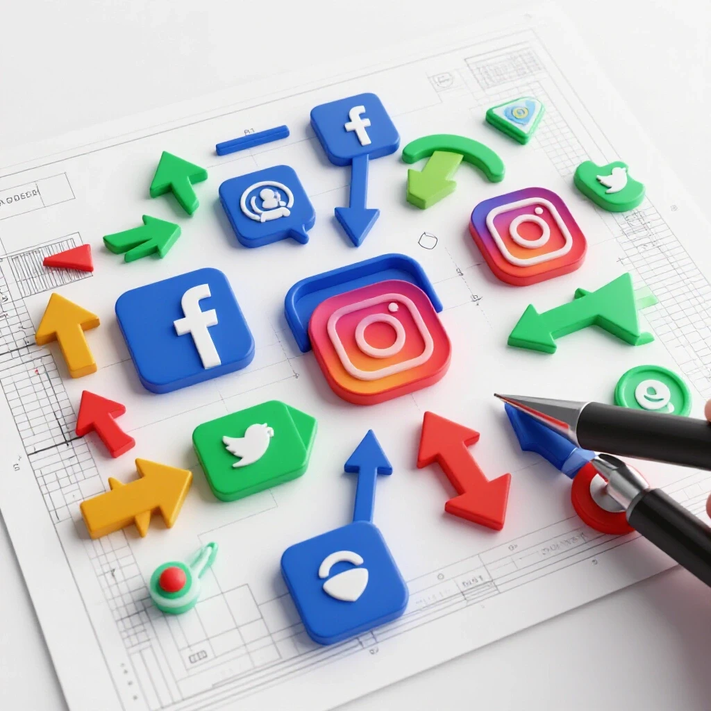 A visually striking blueprint of a social media campaign with vibrant icons and arrows against a bright background.