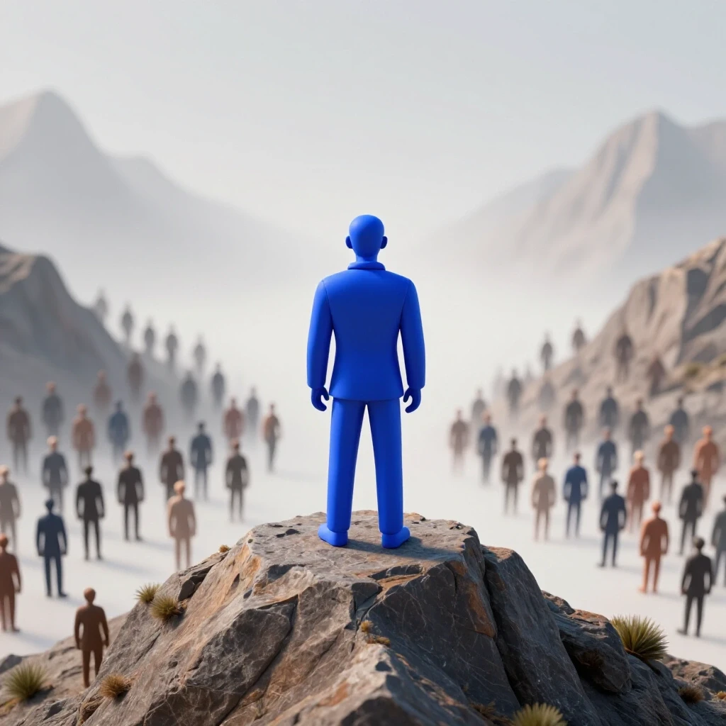 A confident figure stands on a mountain peak, overlooking a crowd below, symbolizing authority in a crowded niche.