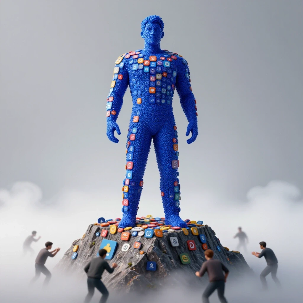 A towering figure in royal blue stands on a peak of social media icons, contrasting with struggling figures in fog below.