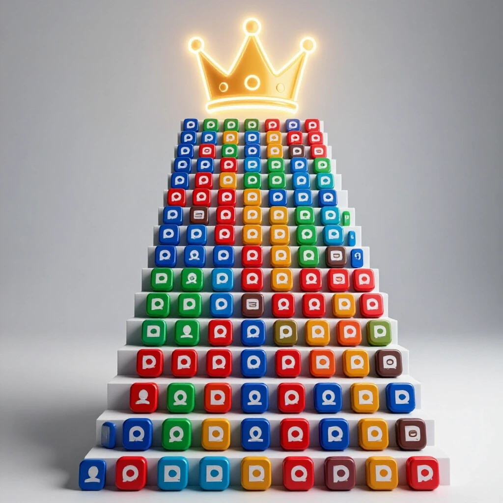 A vibrant 3D staircase made of social media icons, leading to a glowing crown, symbolizing authority.