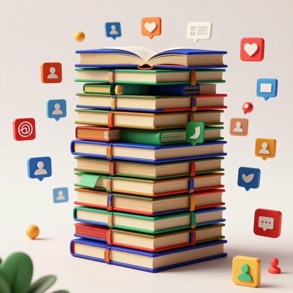 A dynamic 3D representation of case studies as open books in a vibrant social media landscape, symbolizing authority.
