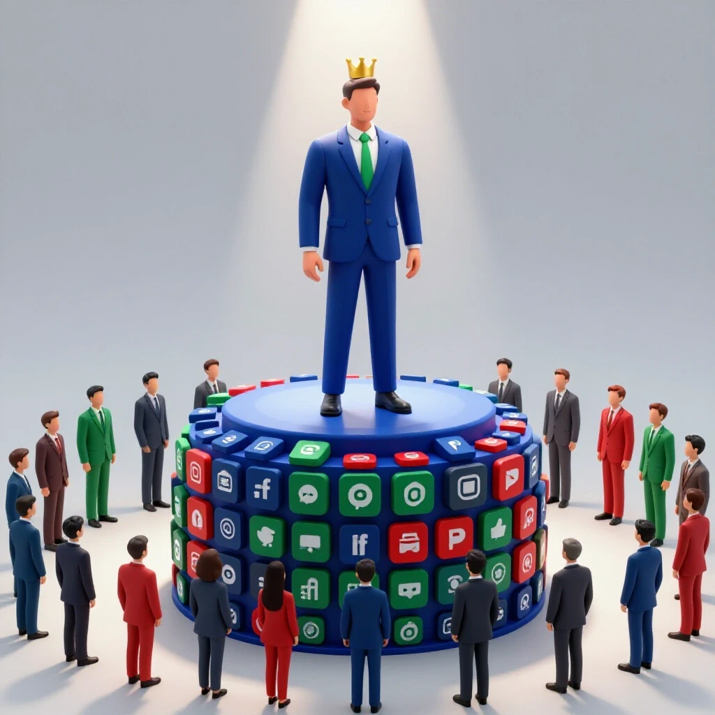 A confident figure stands on a podium made of social media icons, surrounded by admiring figures in a bright studio environment.