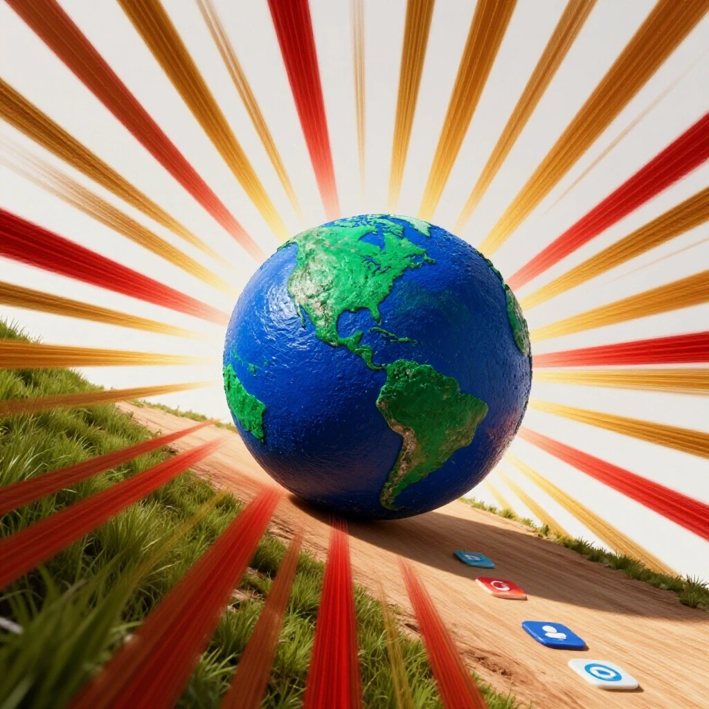A vibrant 3D-rendered image of a rolling boulder symbolizing brand momentum with social media icons.