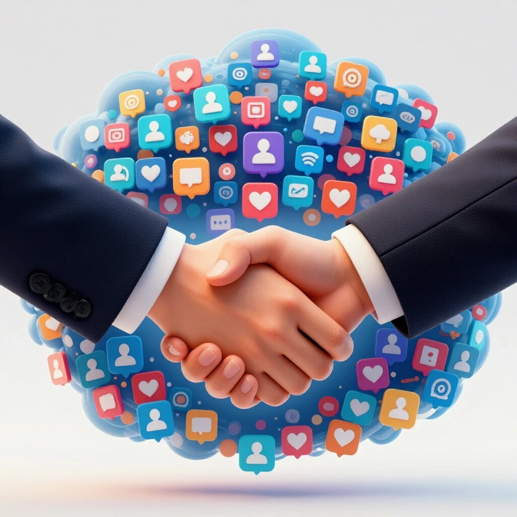 A strong, confident handshake emerging from a digital cloud of social media icons, symbolizing trust in social media marketing.