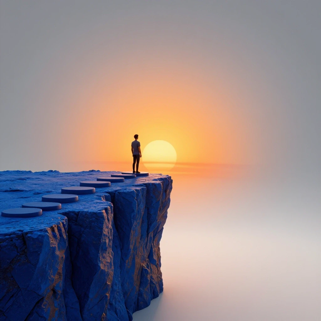 Abstract representation of confidence through pathways leading to a sunset at the cliff's edge, symbolizing new beginnings.