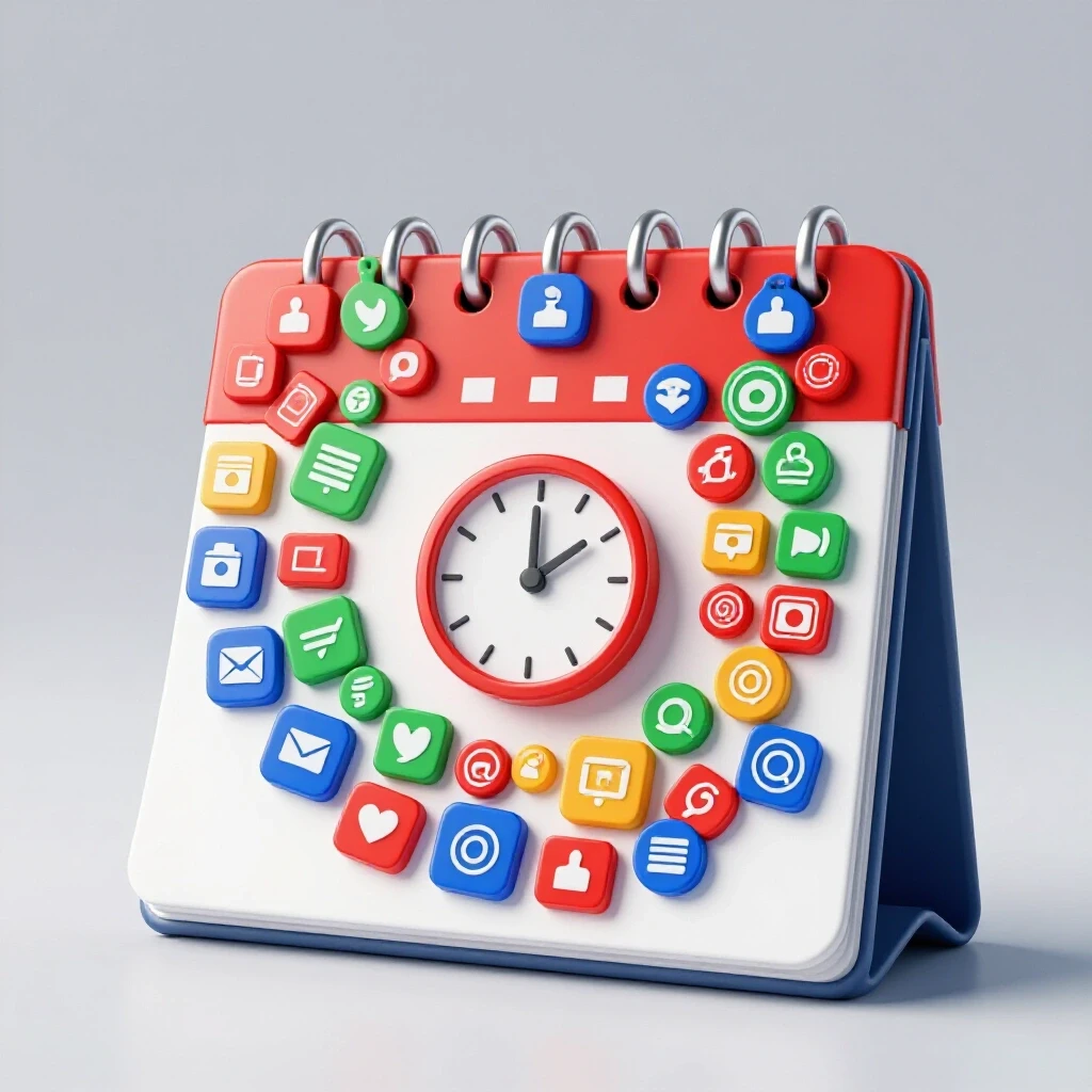 A 3D-rendered calendar with colorful social media icons in a spiral around a central clock, symbolizing consistent posting habits.