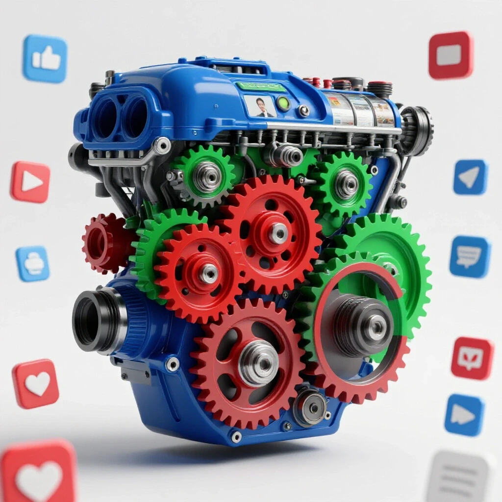 A 3D-rendered intricate engine made of content types like videos and blogs, set in a vibrant digital landscape.