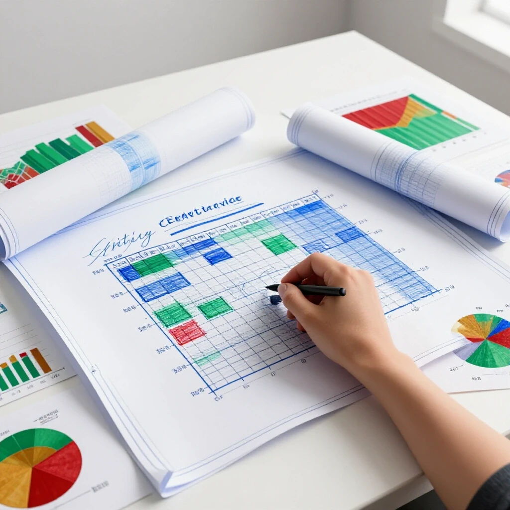 A detailed image of an open blueprint on a desk, surrounded by colorful analytics graphs and a hand sketching a content calendar.