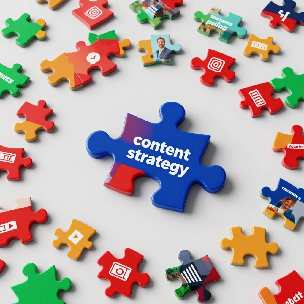 A colorful puzzle piece representing content strategy being placed into a vibrant social media platform backdrop, with smaller pieces around.