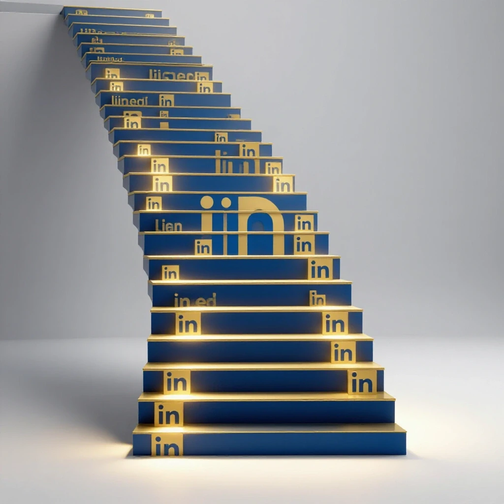 A staircase made of illuminated LinkedIn logos symbolizing authority and progression.