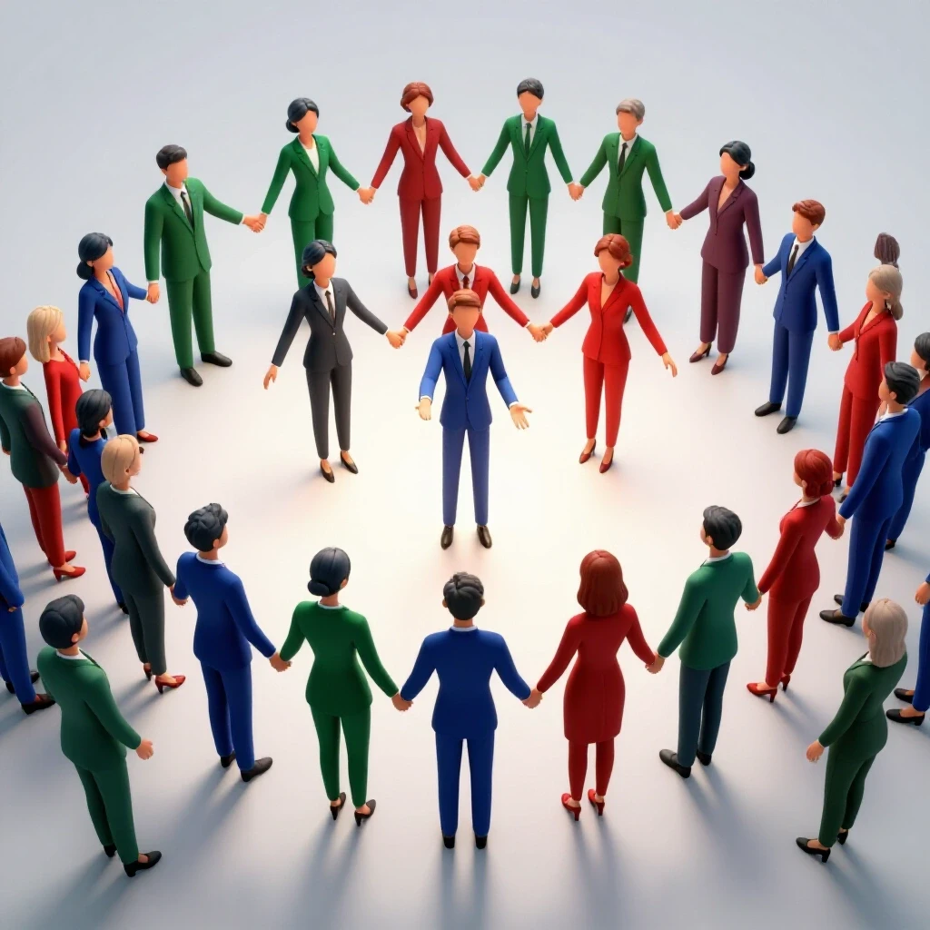 A vibrant interconnected network of stylized figures holding hands, symbolizing online connection and community building.