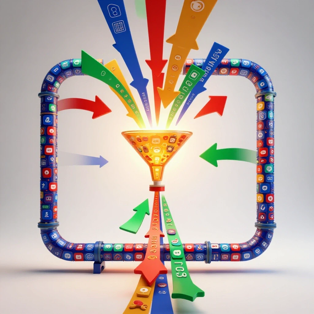 A visually striking 3D representation of a social media referral pipeline with vibrant arrows leading to a glowing funnel.