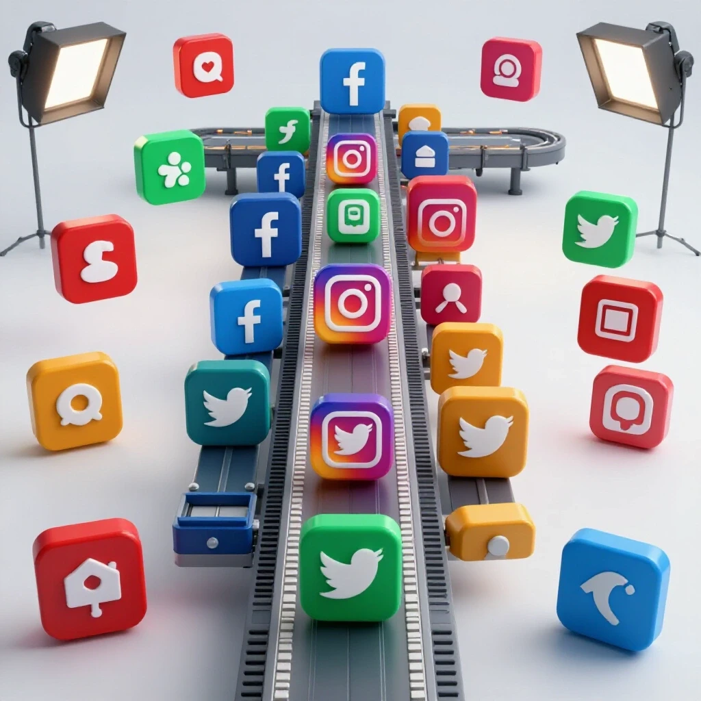 A vibrant assembly line with social media icons transforming into engaging content pieces, symbolizing content creation efficiency.