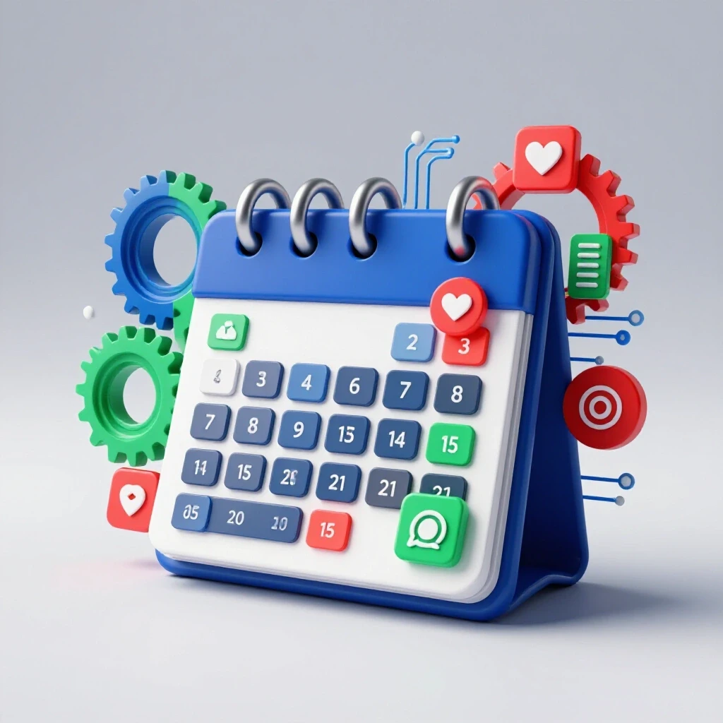 Futuristic calendar with digital elements and social media icons symbolizing social media strategy and testing.