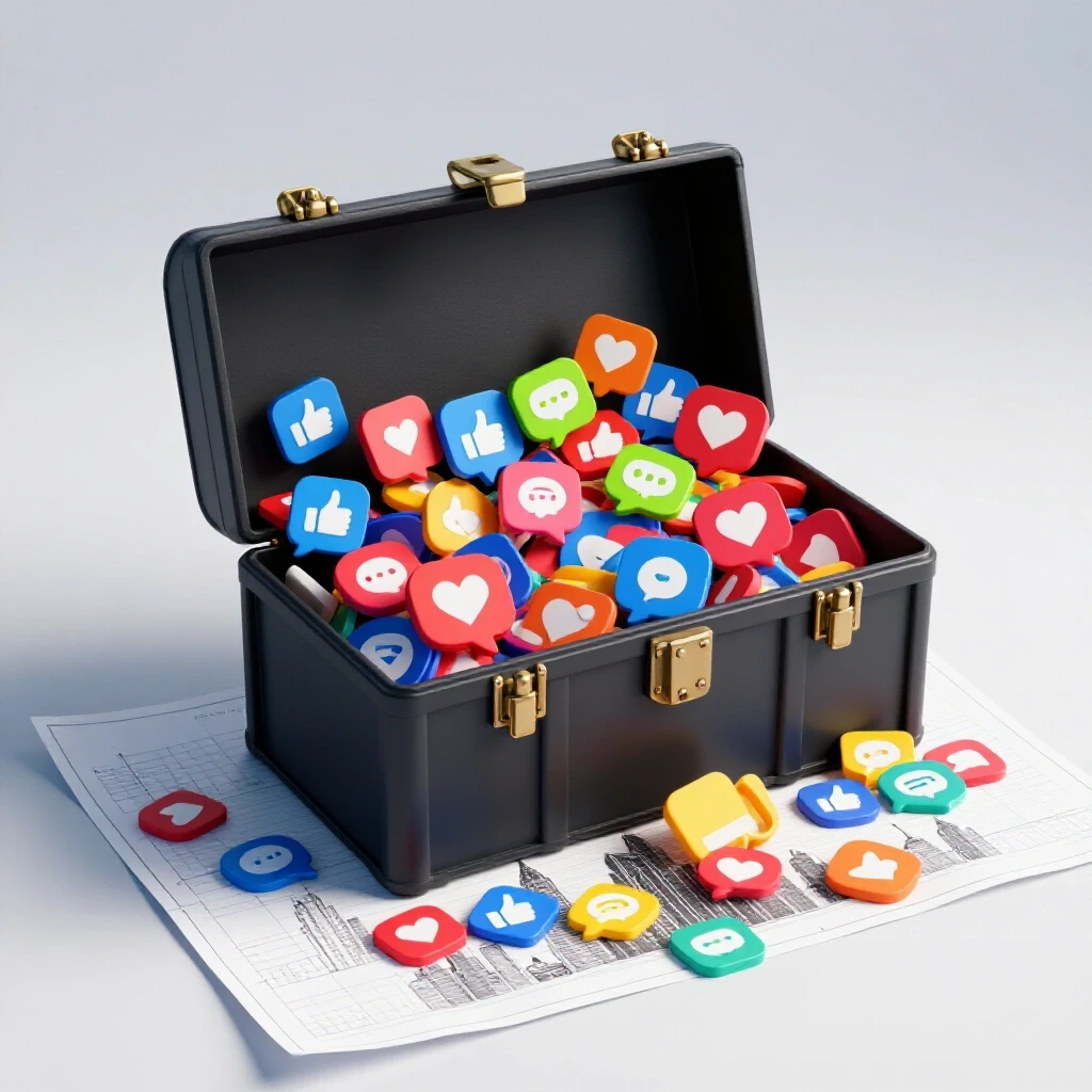 A vibrant toolbox overflowing with social media icons on a city skyline blueprint, signifying growth.