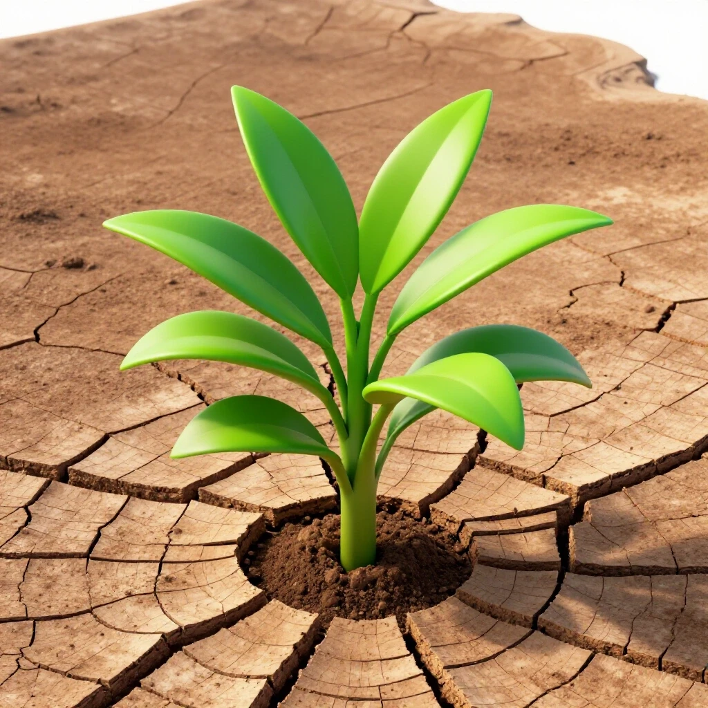 A vibrant green plant breaking through cracked soil, symbolizing growth and resilience with bright colors.