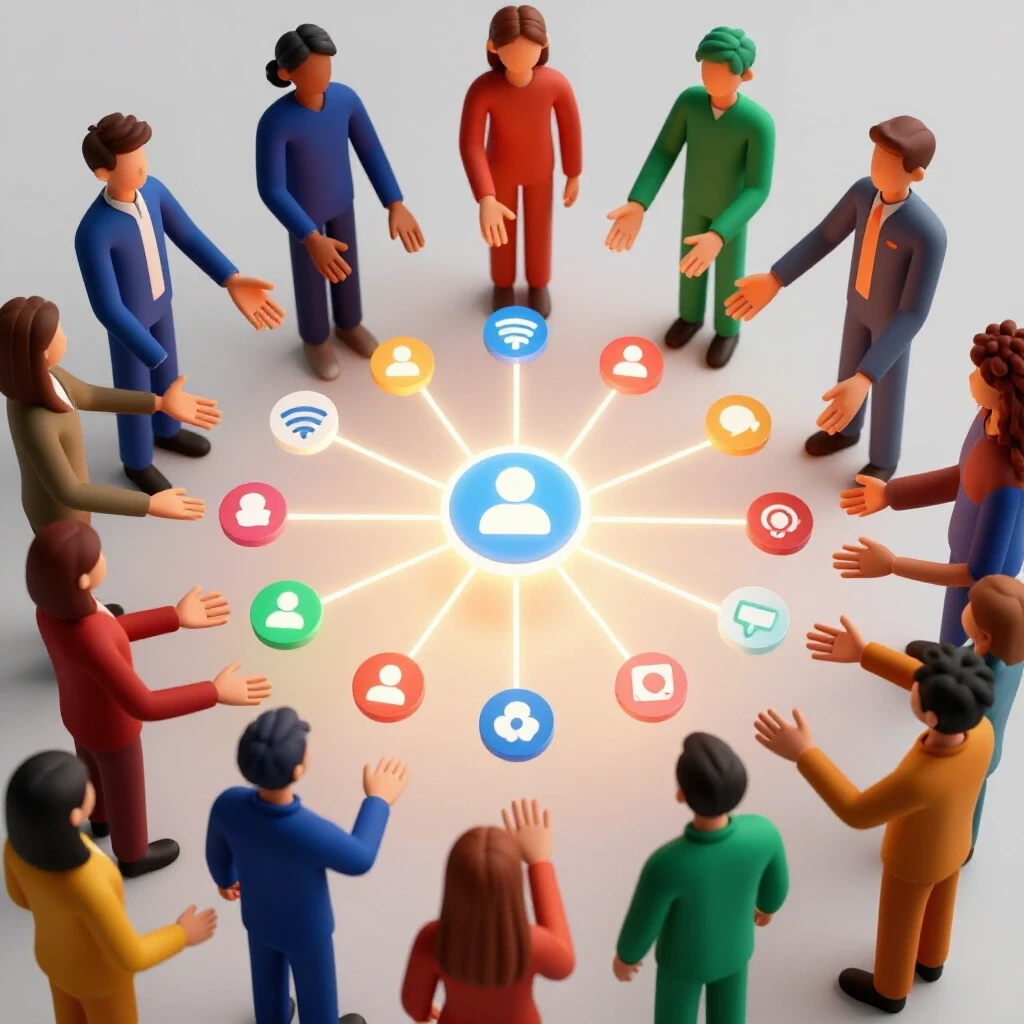 Abstract figures reaching towards a network of glowing social media icons, symbolizing trust and connection.