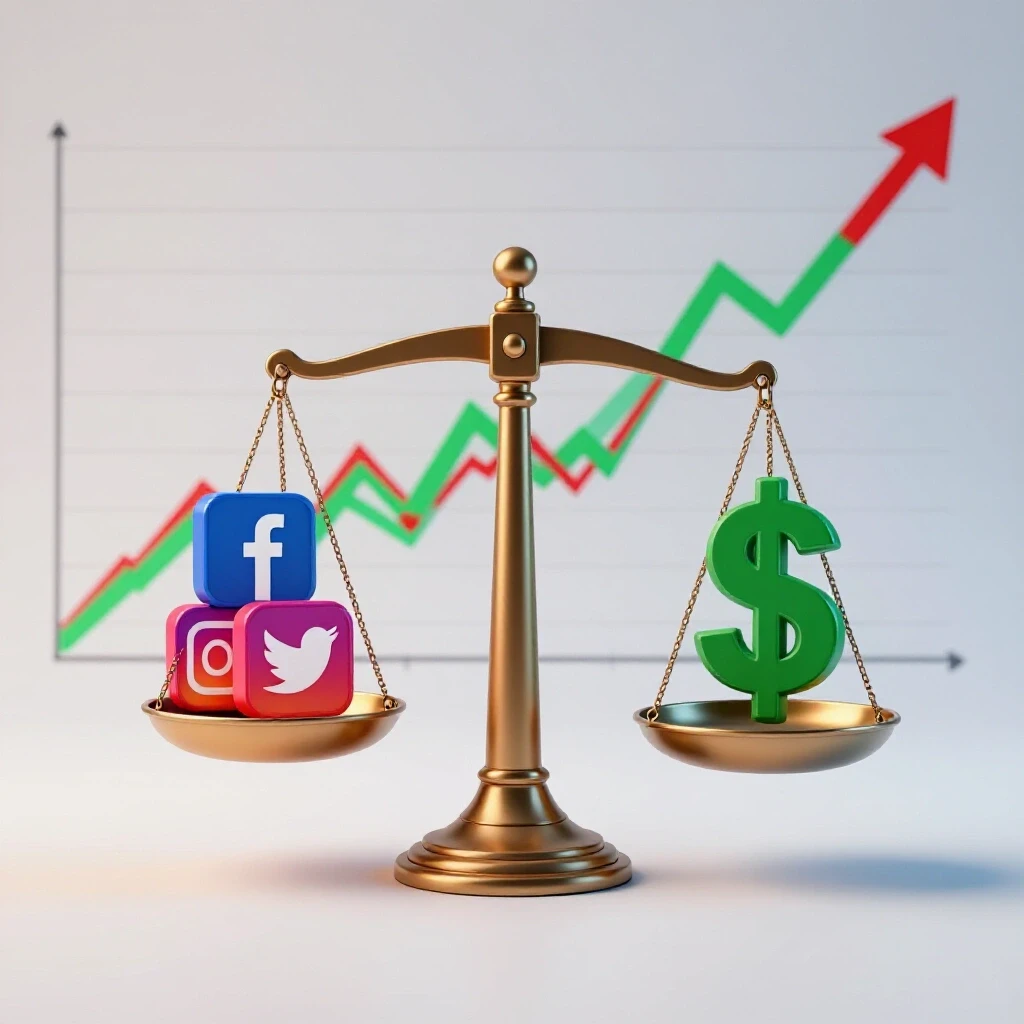A balancing scale with social media icons and a dollar sign, set against a bright graph showing trends, symbolizing ad scaling challenges.