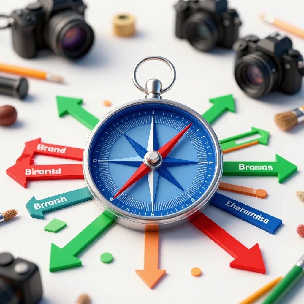 A vibrant compass representing brand directions with blurred creators' tools in the background.