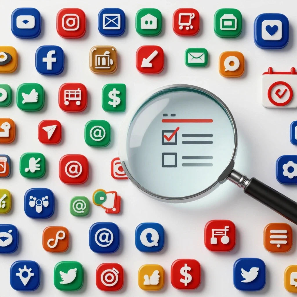 A vibrant split-screen showcasing social media icons on one side and a magnifying glass over a checklist on the other, symbolizing offer testing.