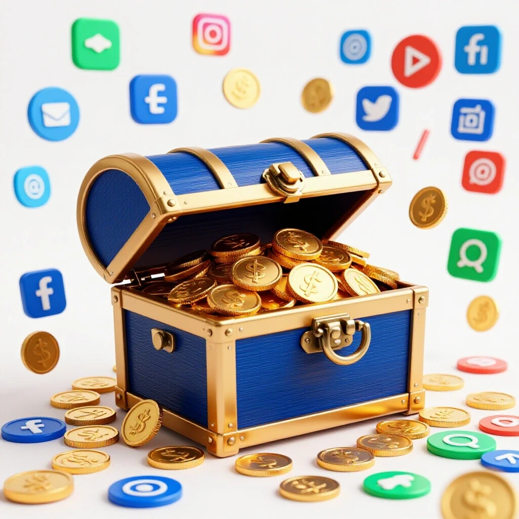 A vibrant treasure chest overflowing with golden coins amidst colorful social media icons, symbolizing profitable opportunities.