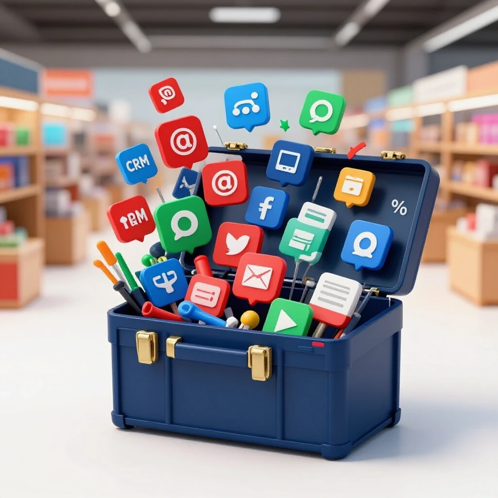 A vibrant toolbox filled with social media and CRM tools against a blurred digital marketplace background.