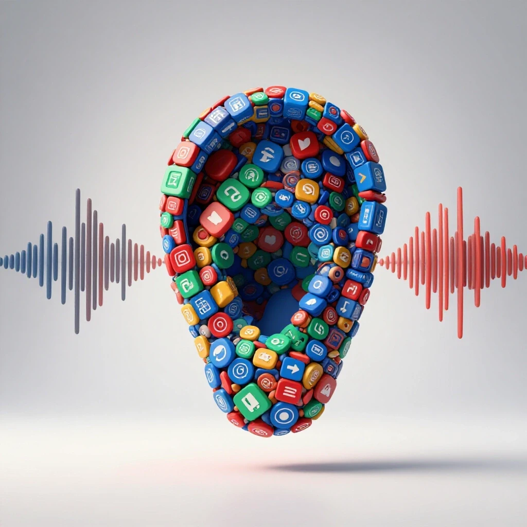 A vibrant 3D ear composed of social media icons surrounded by dynamic sound waves, set against a bright background.