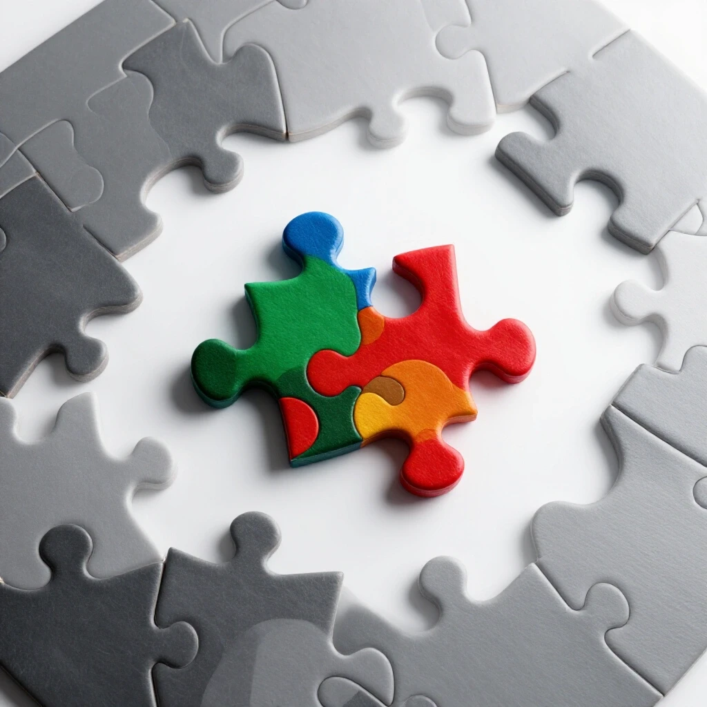 A vibrant multi-colored puzzle piece being placed into a monochrome puzzle, symbolizing social media niche alignment.