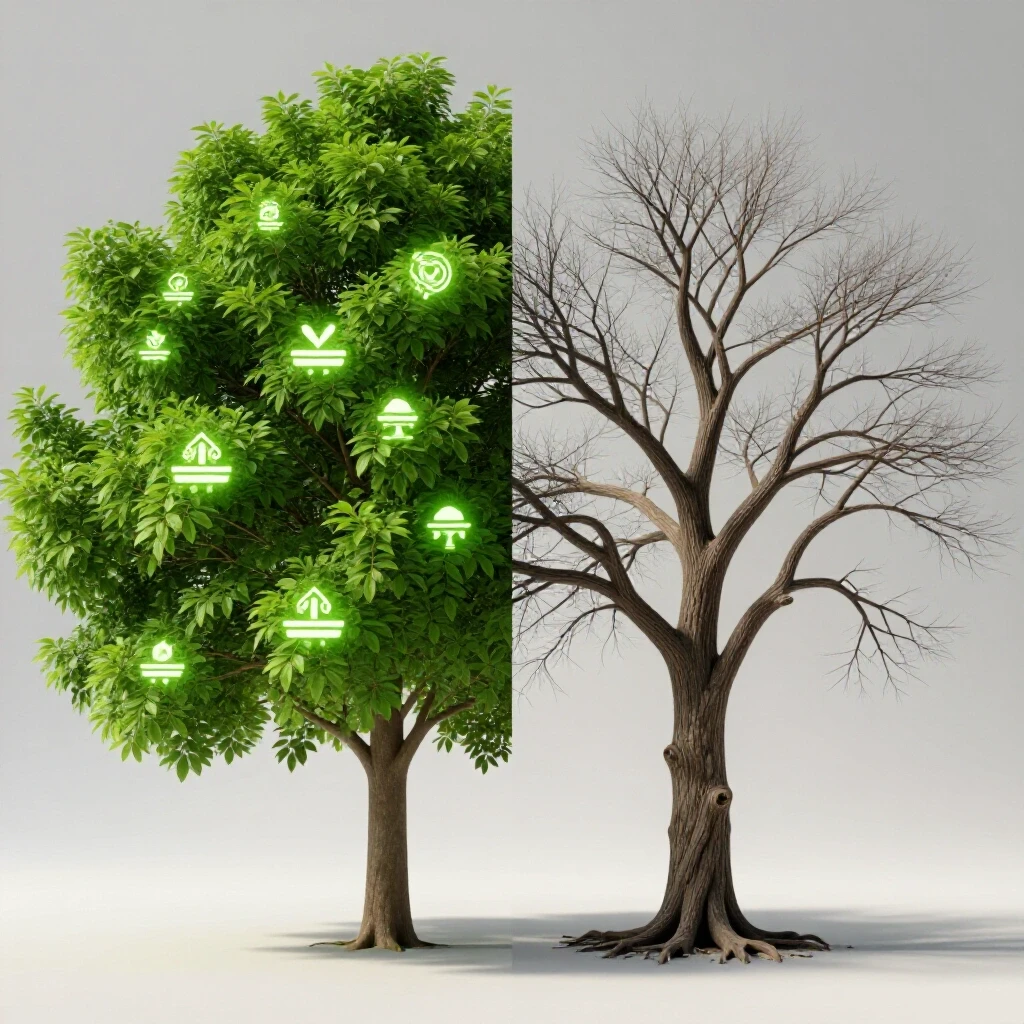 An artistic split-image depicting a thriving tree full of platform icons on the left and a barren tree on the right, symbolizing growth vs. stagnation.