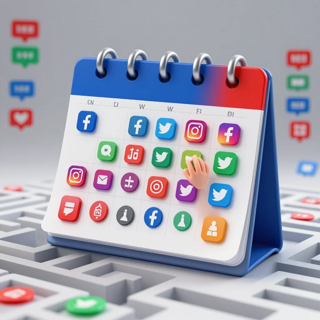 Colorful 3D calendar with social media icons against a blurred digital notification background, symbolizing choice.