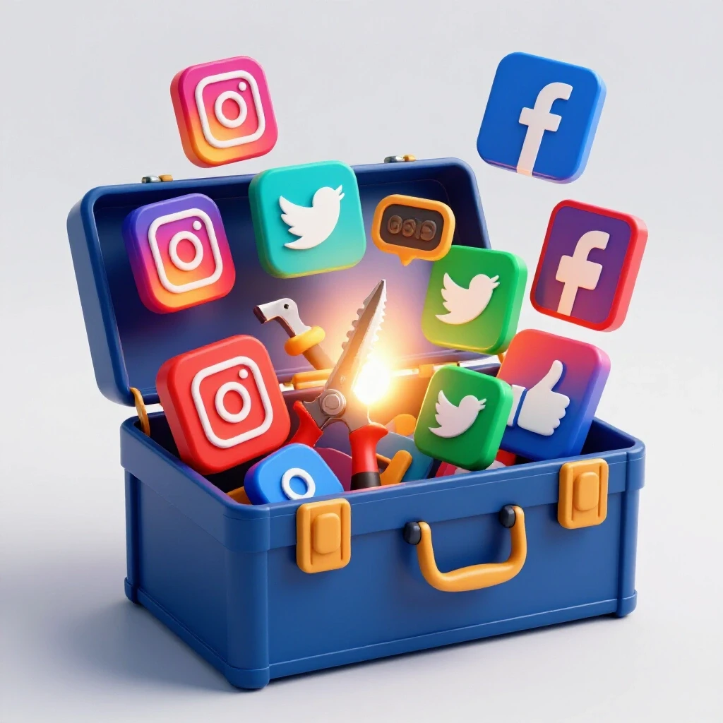 A vibrant toolbox overflowing with social media icons, including Instagram, Twitter, and Facebook, against a luminous background.