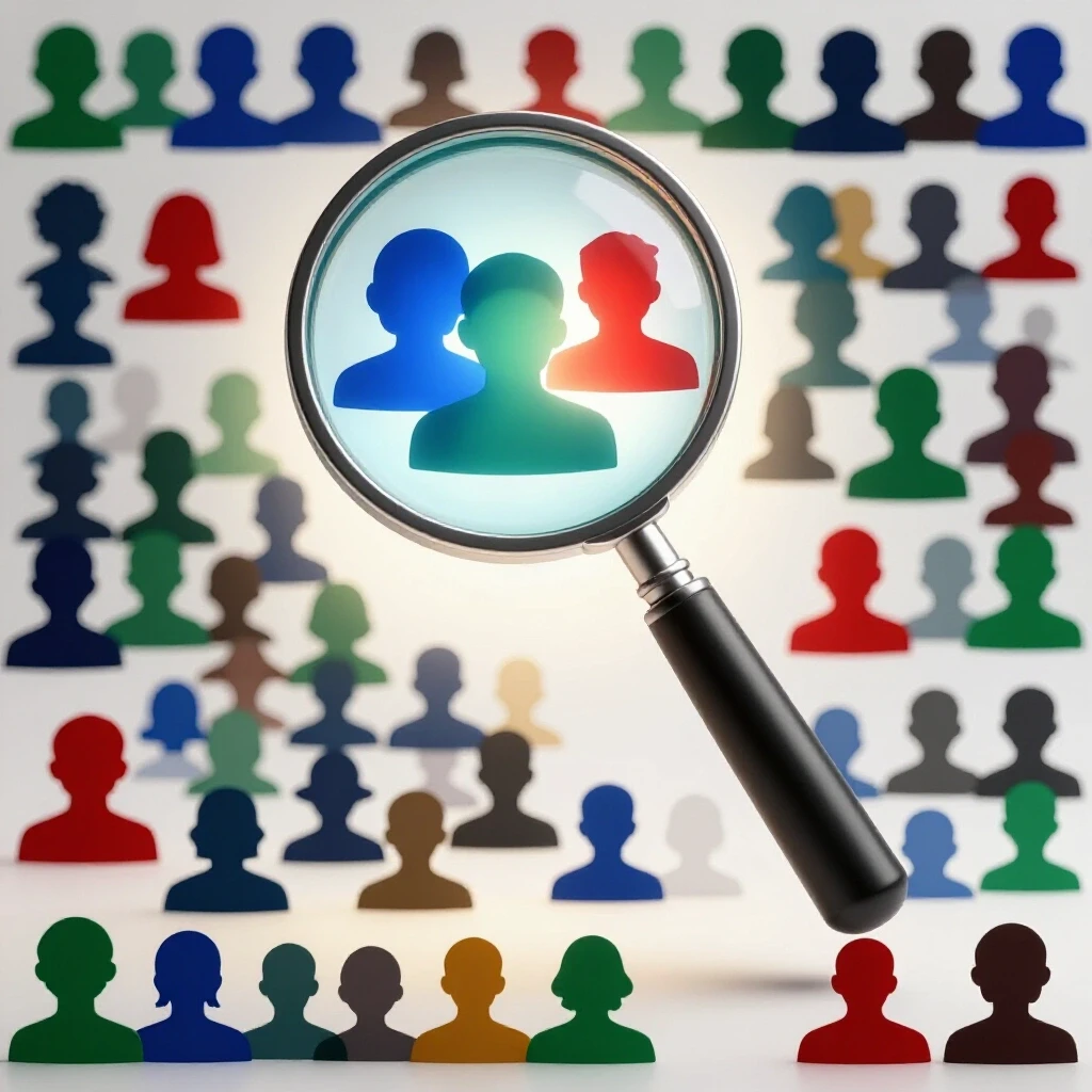 A magnifying glass highlights one vibrant social media profile among diverse silhouettes in a bright studio.