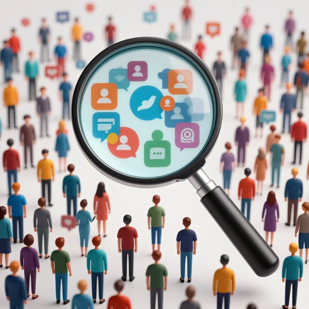 A vibrant 3D magnifying glass over a crowd of abstract people, with social media icons in the background.