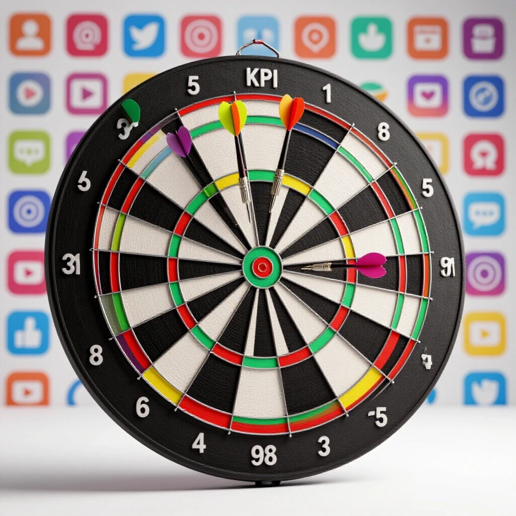 A colorful dartboard with vibrant KPI darts hitting the bullseye, against a blurred background of social media icons.