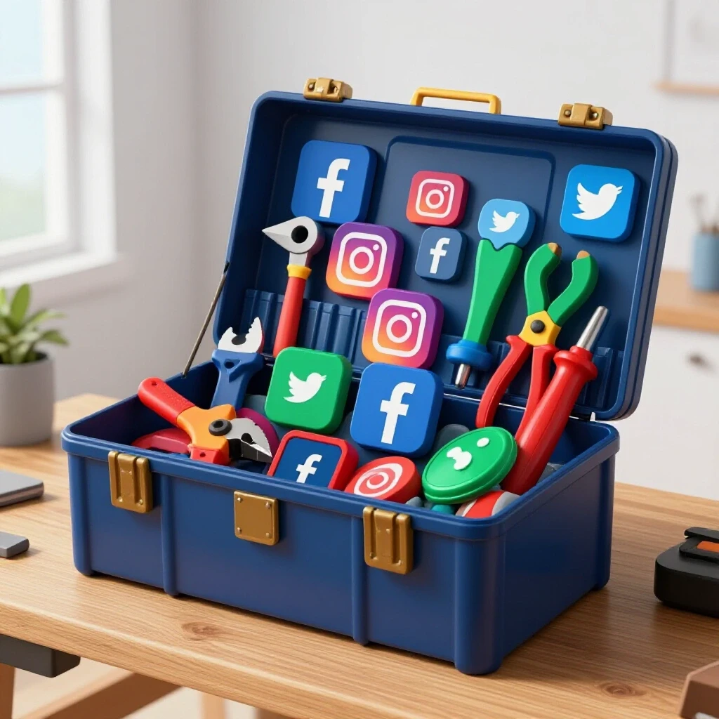 A colorful toolbox filled with social media icons as tools, set against a blurred digital landscape background.
