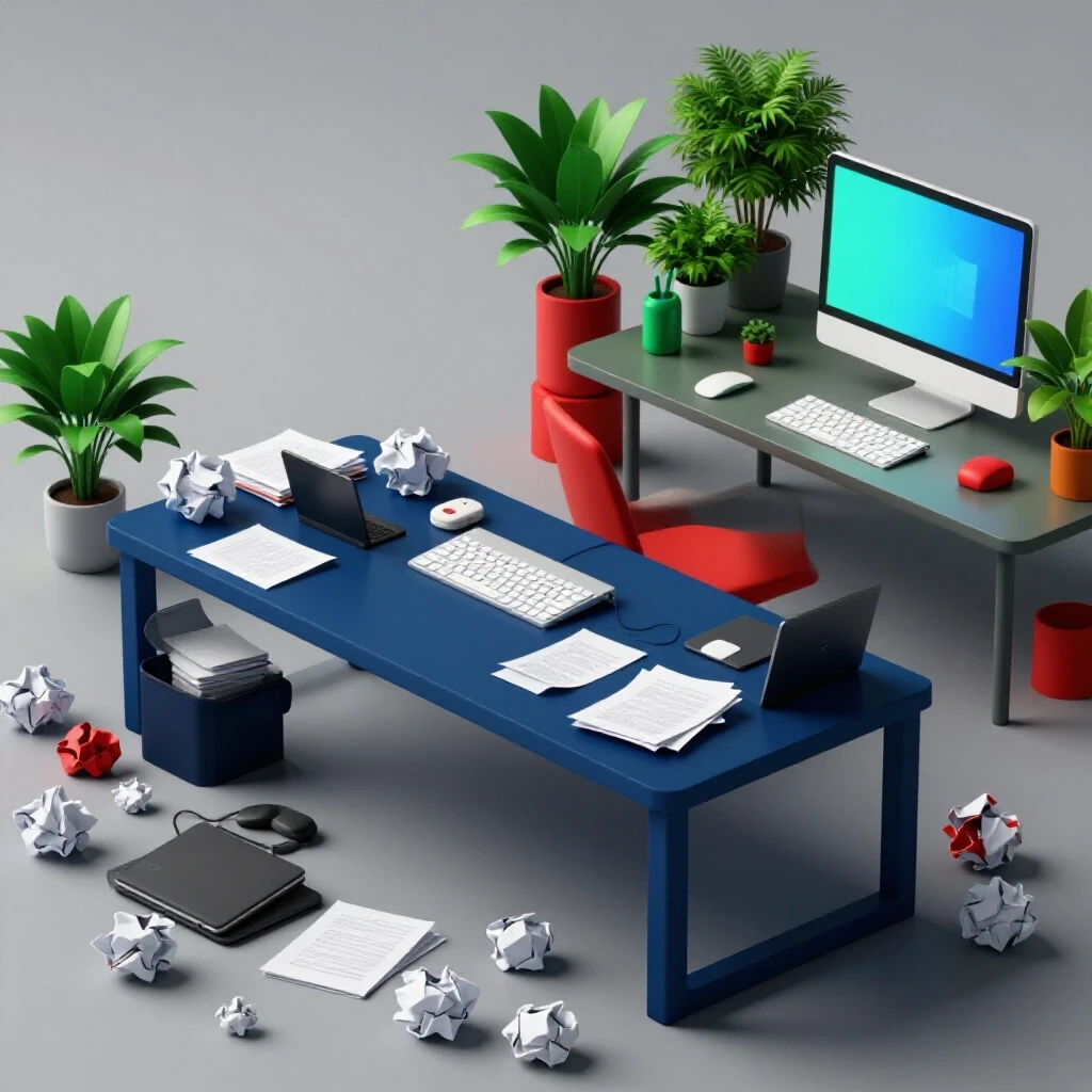 Image illustrating the transformation from a cluttered workspace with crumpled papers to an organized area with plants and a computer, symbolizing ad performance improvement.