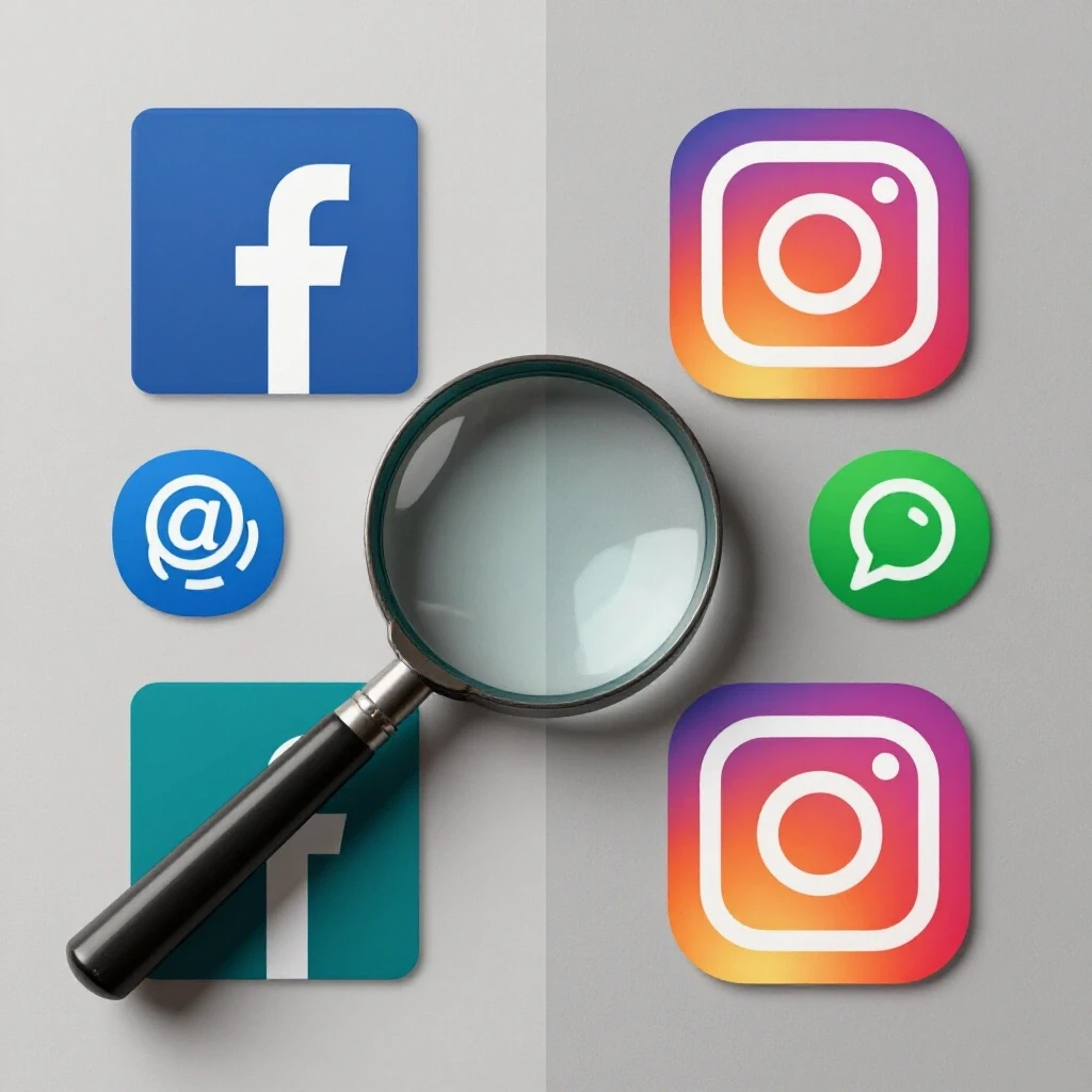 A split-image of social media platform icons with a magnifying glass in the center emphasizing analysis.