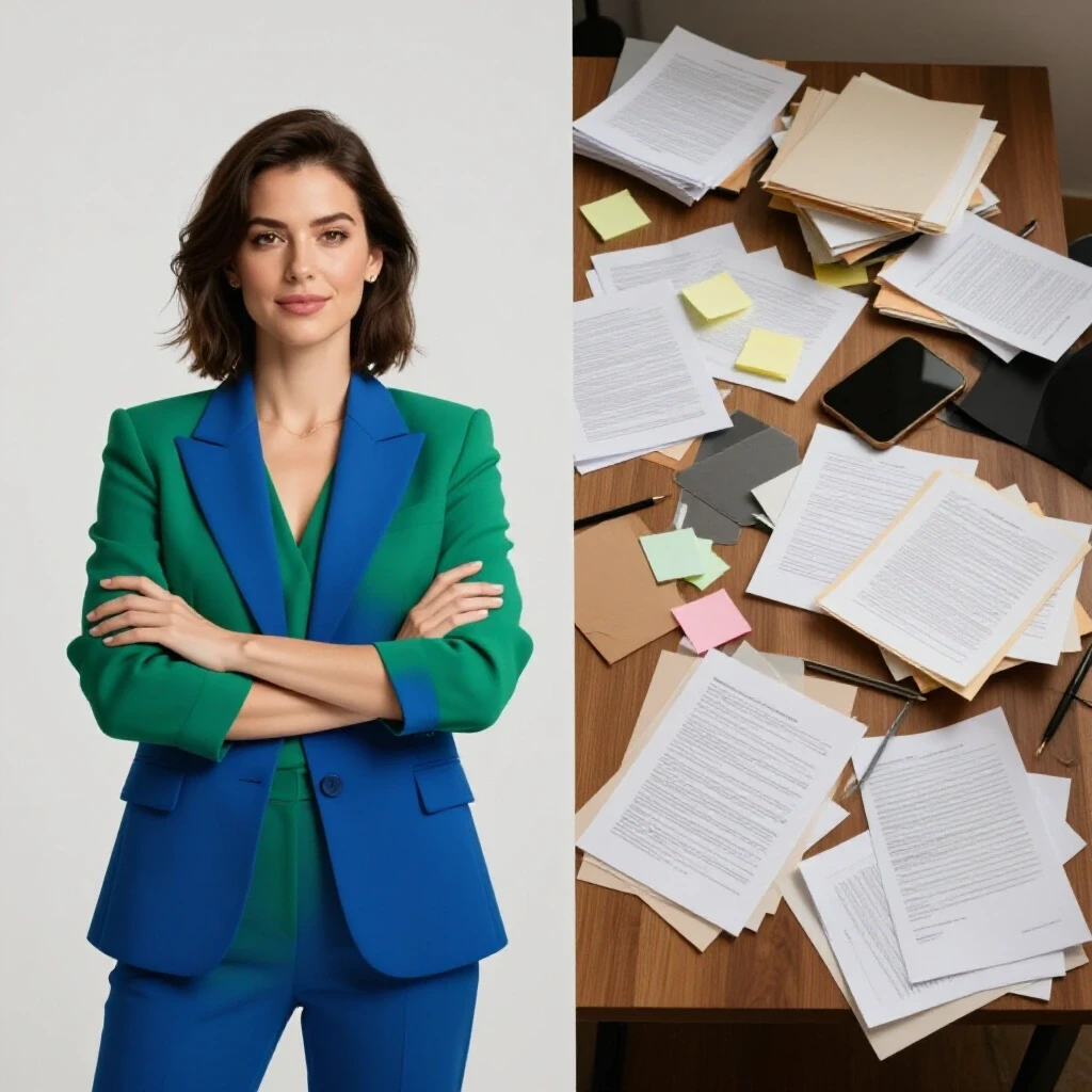 Split image showing a confident professional representing personal branding against a chaotic desk filled with scattered papers, symbolizing transformation.
