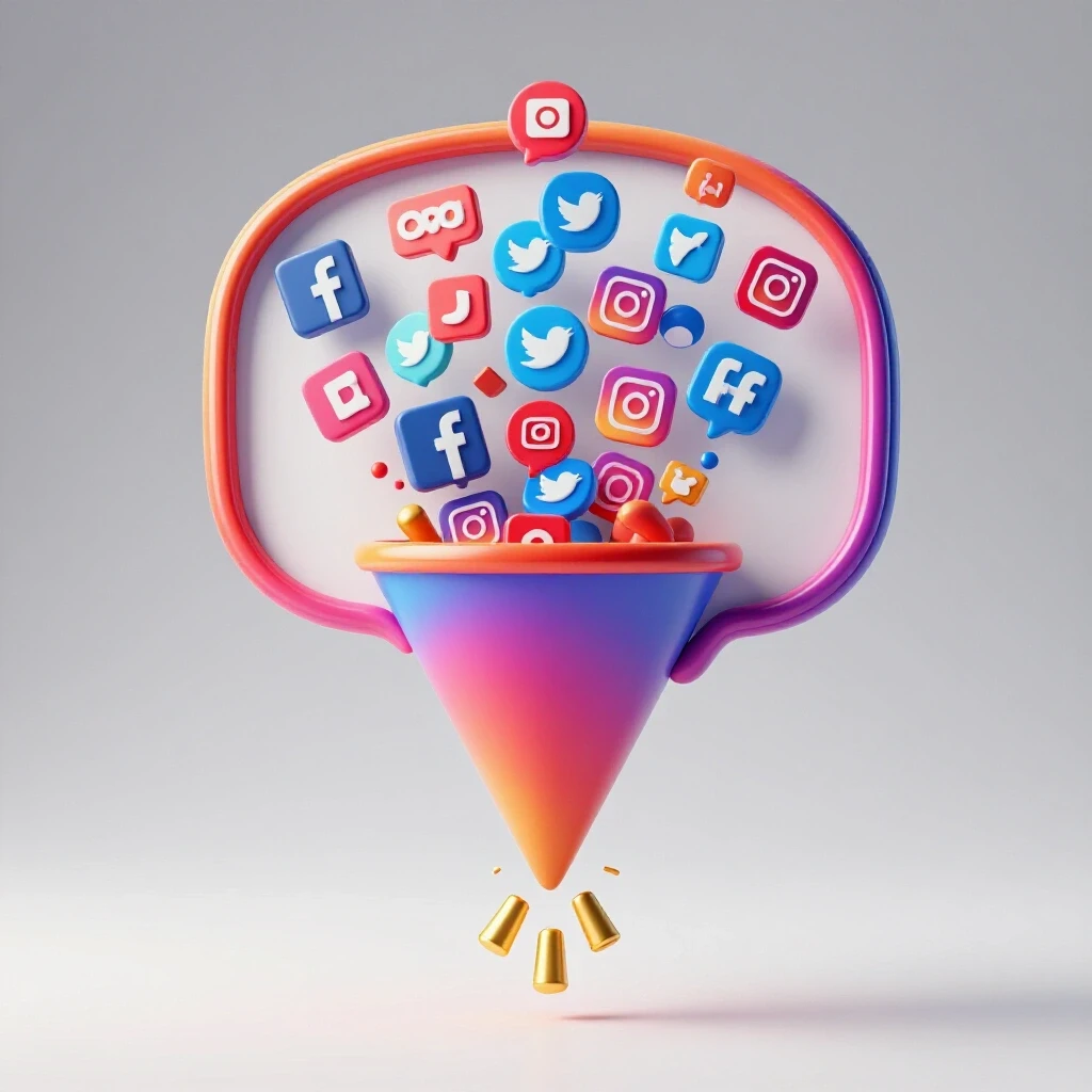 Colorful funnel shaped like a speech bubble with social media icons pouring in and golden leads emerging.