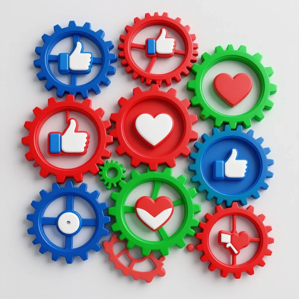 A vibrant gear system with social media icons interlocked, symbolizing an effective approval process.