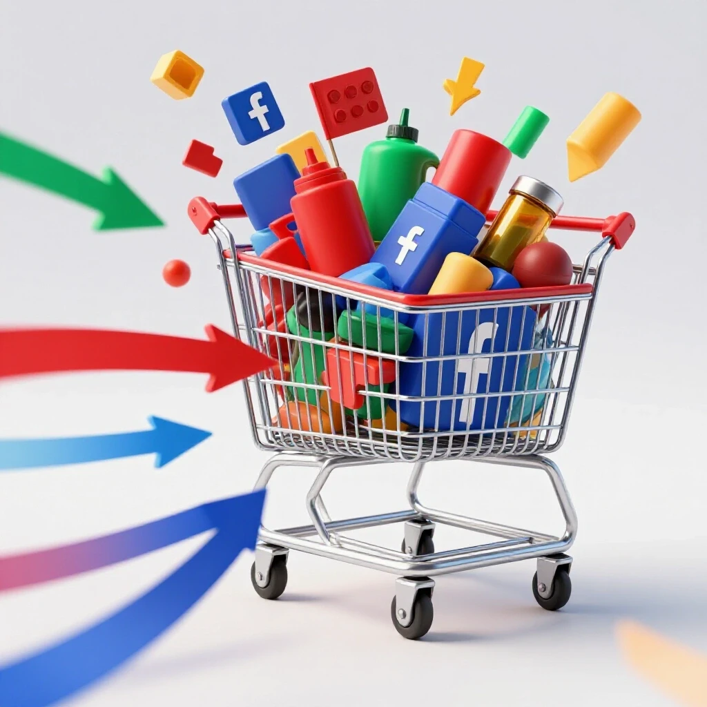 A vibrant 3D-rendered Facebook selling page layout with an overflowing shopping cart of colorful products.