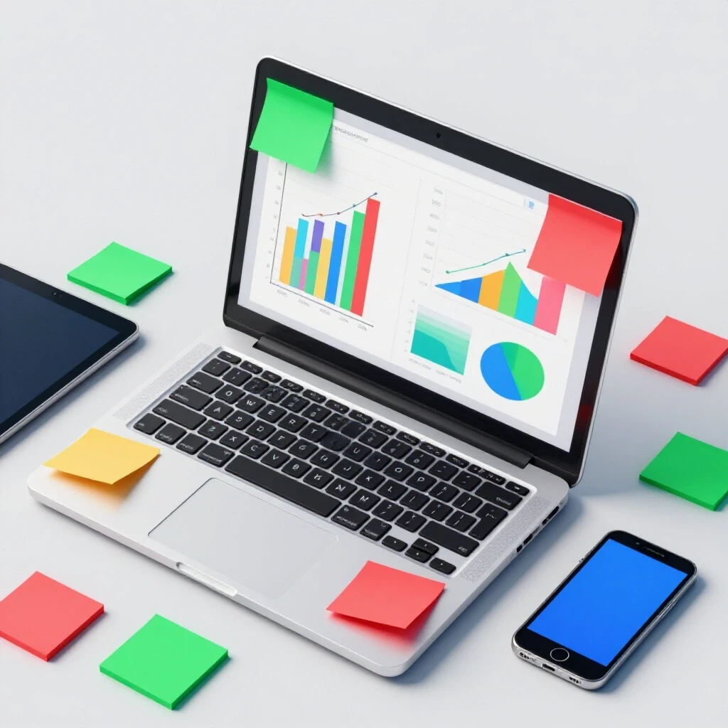 A vibrant laptop displaying colorful graphs and charts, surrounded by sticky notes, symbolizing social media marketing productivity.