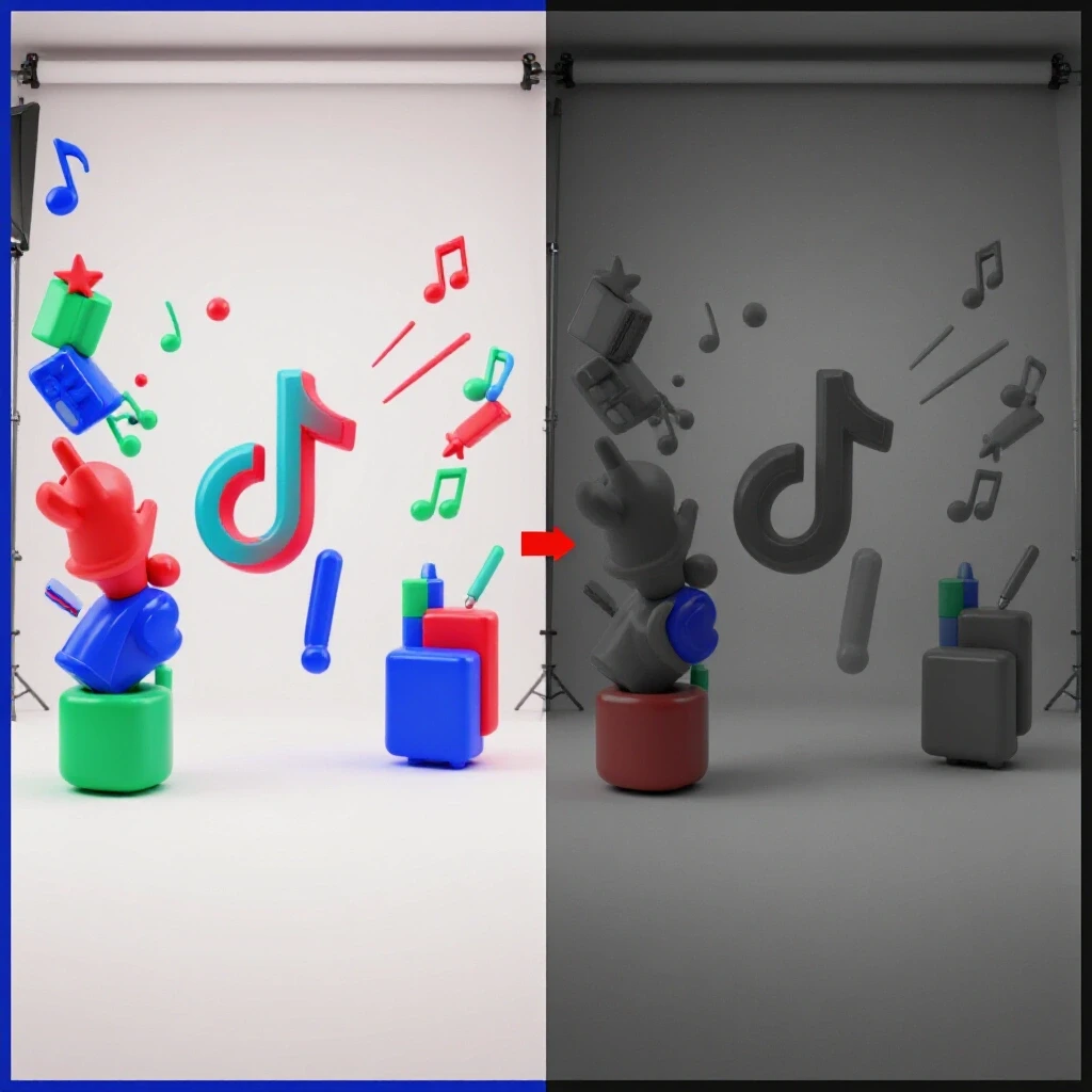 A split-screen image showing a vibrant TikTok video and a muted gray version to illustrate engagement differences.